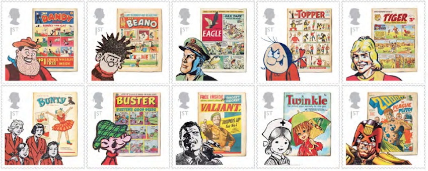 Set of 10 stamps showing comics newspapers.