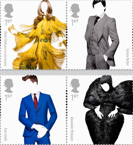 4 of 10 stamps showing classic British Fashion.