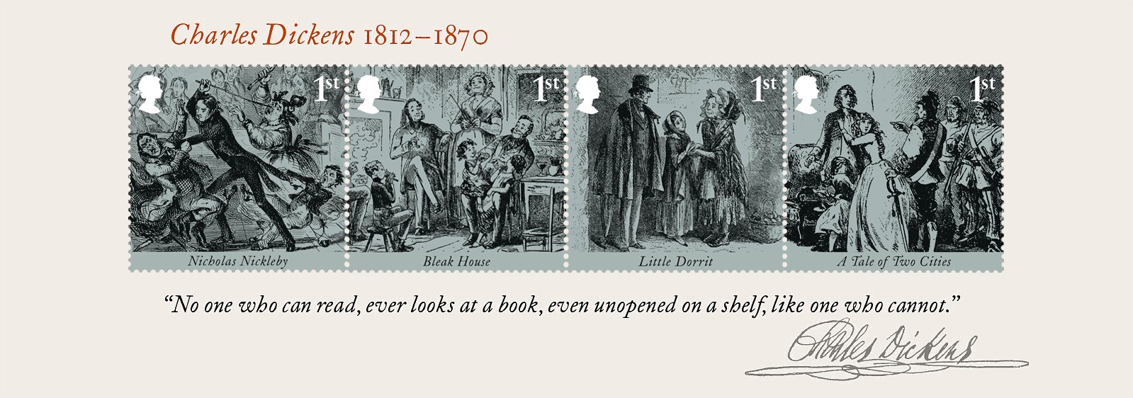 Charles Dickens Bicentenary miniature sheet of stamps showing scenes from Nicholas Nickleby, Bleak house, Little Dorrit and A Tale of Two Cities.