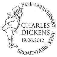 Broadstairs postmark for Charles Dickens stamps.