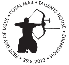 Official first day postmark illustrated with wheelchair archer.