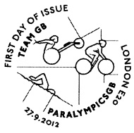 Postmark  showing swimmer, cyclist and wheelchair athlete.