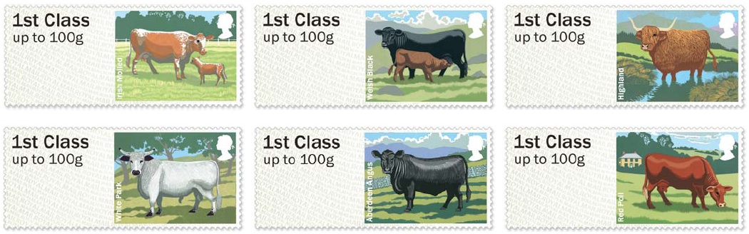 Set of 6 Faststamps showing breeds of cattle.