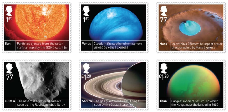 Set of six stamps showing parts of the solar system.
