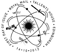 Official first day  postmark illustrated with space exploration craft and sun.