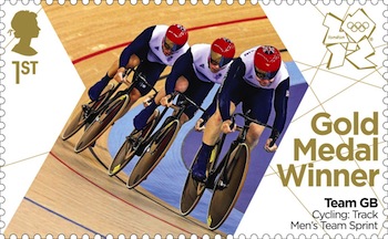 Gold medal stamps cycling team sprint Philip Hindes, Jason Kenny and Sir Chris Hoy.