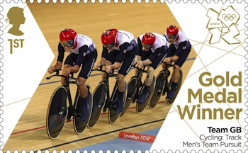 Gold medal stamp cycling men's team pursuit Ed Clancy, Geraint Thomas, Steven Burke and Peter Kennaugh.