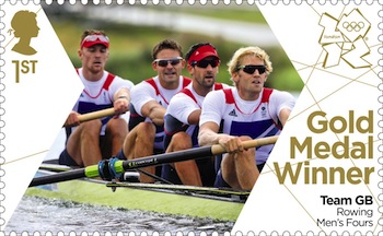 Gold medal stamp rowing men's fours Andy Triggs Hodge, Pete Reed, Andy Gregory and Tom James.