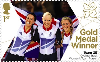 Gold medal stamp Cycling Women's Team Pursuit Laura Trott, Dani King and Jo Rowsell.