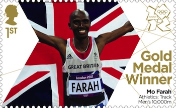 Gold medal stamp Men's 10,000 metres Mo Farah.