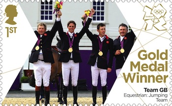 Gold medal stamp Equestrian Jumping Team Nick Skelton, Ben Maher, Scott Brash and Peter Charles.