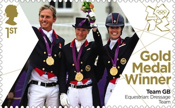 Gold medal stamp Equestrian dressage team Carl Hester, Laura Bechtolsheimer and Charlotte Dujardin.