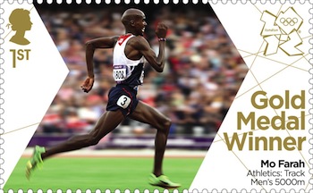 Gold medal stamp Athletics Men's 5,000 metres Mo Farah.