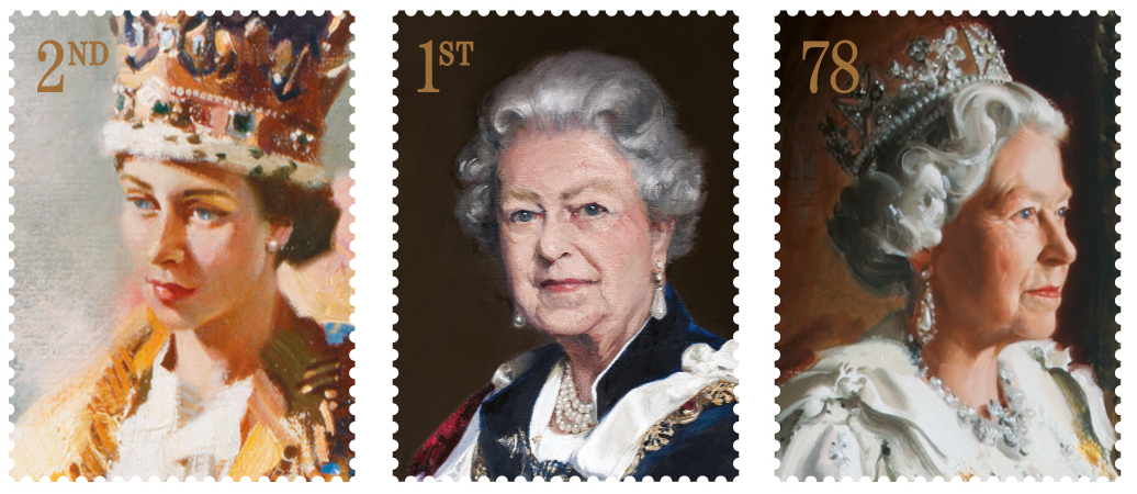 Three stamps showing portraits of HM Queen Elizabeth II.