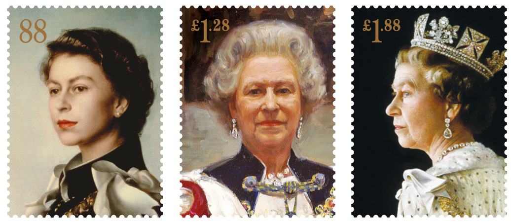 Three stamps showing portraits of HM Queen Elizabeth II.