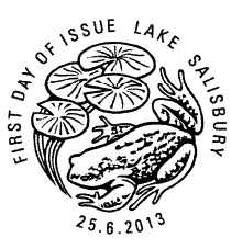 Postmark showing a toad and water lilly.