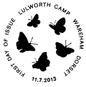 Lulworth Camp official FD postmark for Butterflies stamps.