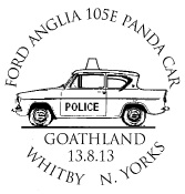 Postmark showing Ford Anglia Police car.