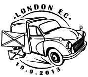 Postmark showing Morris Minor Post Van and letters.