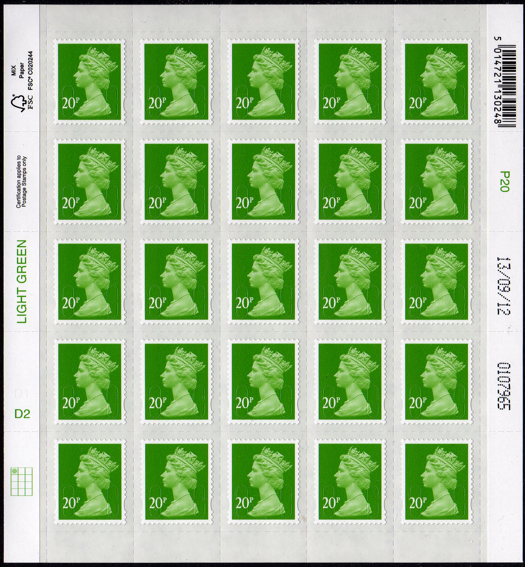 Sheet of 20p green stamps 2013.