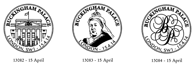 Postmarks showing Buckingham palace and Queen Victoria.