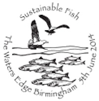 Postmark showing gulls flying over shoal of fish.