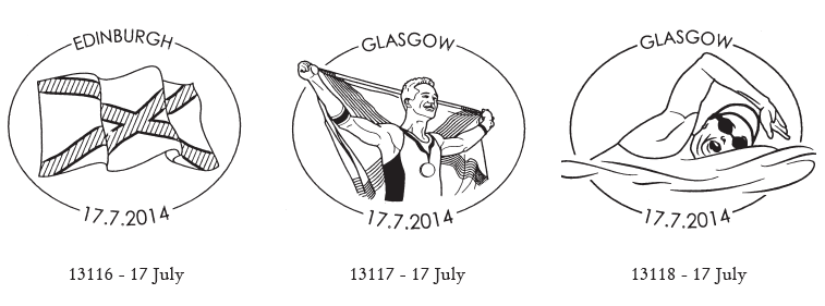 Glasgow Commonwealth Games special postamarks - flag, flag-bearer and swimming.