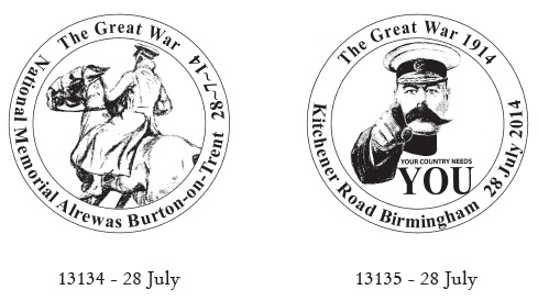 Special FD postmarks for Great War stamps 28-7-14.