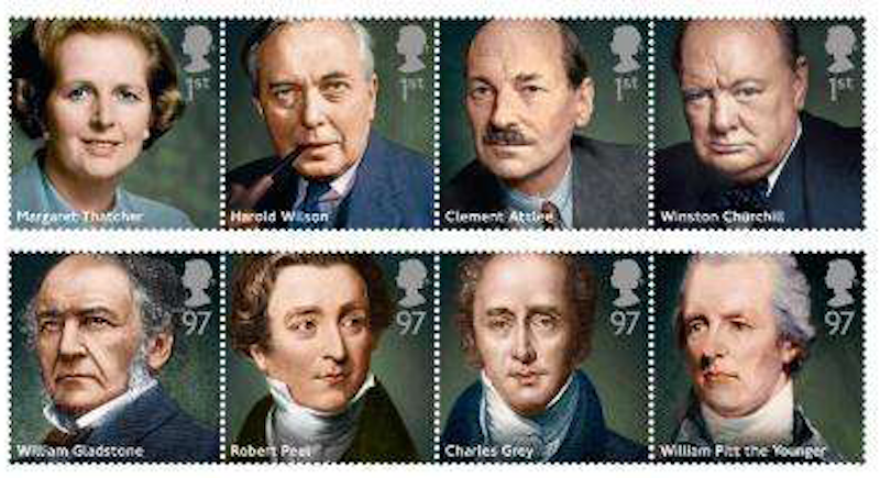 Eight stamps showing British Prime Ministers.