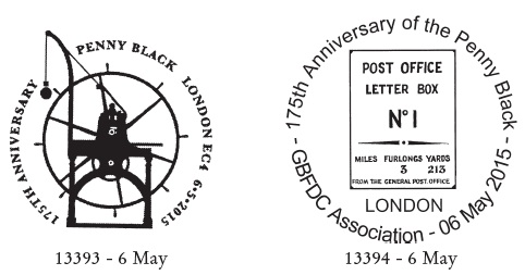 Postmarks showing printing press and postbox plate.