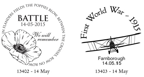 Postmarks for World War1 stamps showing a poppy, a bi-plane.