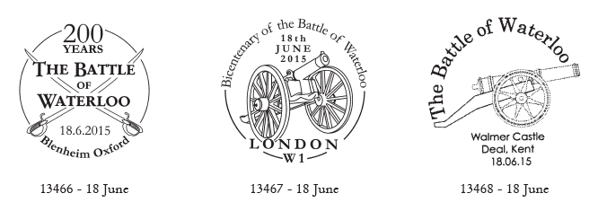 Three Battle of Waterloo postmarks  showing weapons.