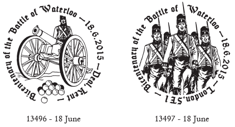 Battle of Waterloo postmarks showing Cannon and Infabtry.