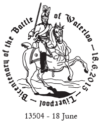 Battle of Waterloo Postmark showing cavalryman.