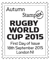 Stampex first day of issue postmark for Rugby World Cup 2015.