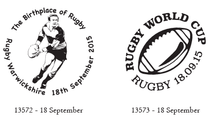 Two postmarks, showing rugby player and ball, for Rugby WorldCup.
