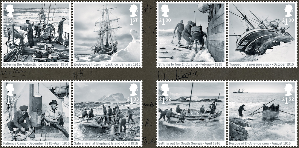 Set of 8 stamps commemorating Shackleton's Endurance expedition.