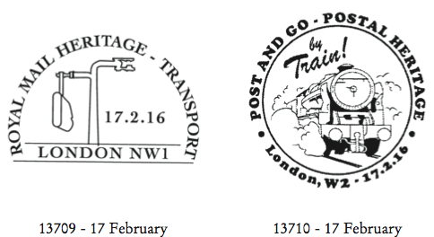 Postmarks showing locomotive and TPO transfer apparatus.