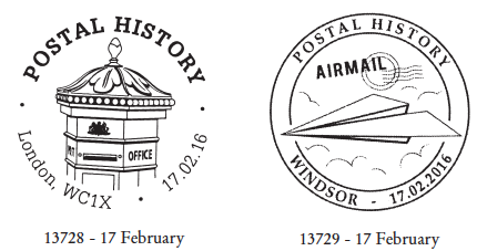 Postmarks showing a Postbox and a paper aeroplane.