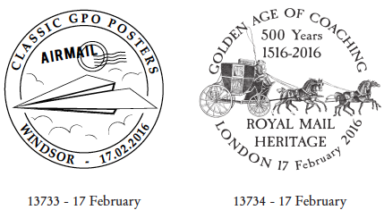 Postmarks showing Papre Aeroplane and Mailcoach.