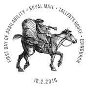 First Day postmark illustrated with early horseback mailman.