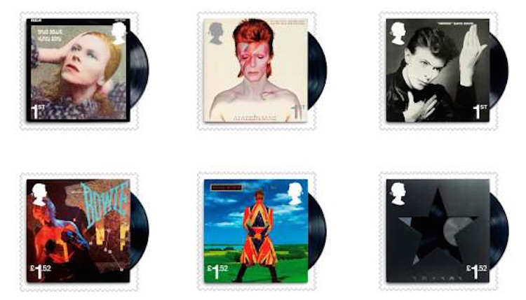 Set of 6 stamps showing David Bowie Album Covers.