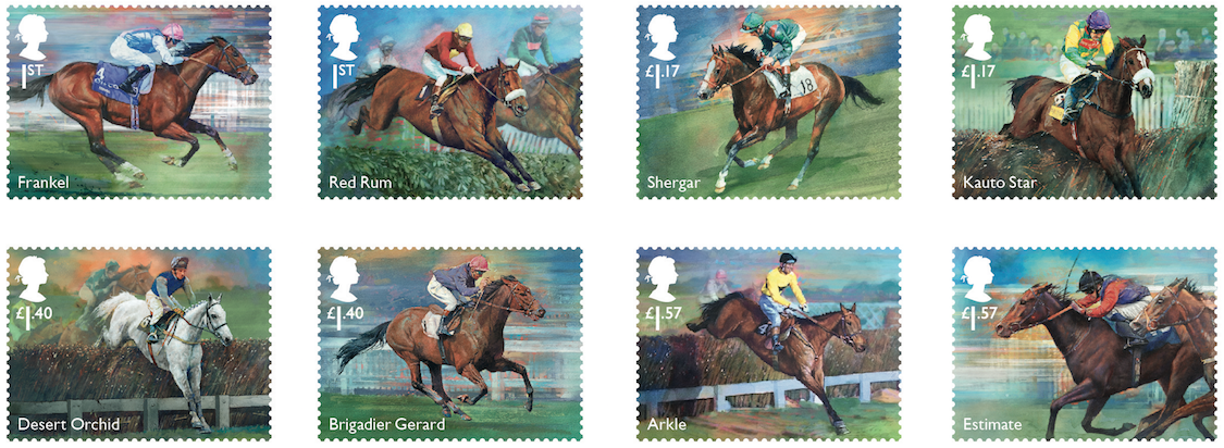 Set of 8 stamps showing racehorses.