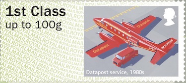 Faststamp showing airracft in Database service, 1980.