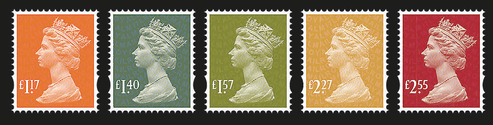 Five new Machin definitive stamps for new postage rates.