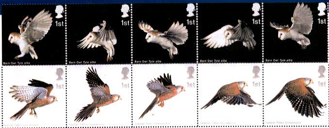 block of 10 stamps featuring the Barn Owl and Kestrel