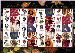 sheet of 20 stamps with attached labels and decorative borders - 2 sets of 10 stamps and labels showing flowers