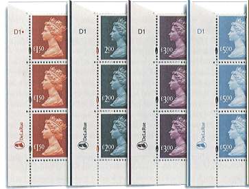 sheet corner of new De La Rue printed high value stamps showing DLR logo and cylinder number