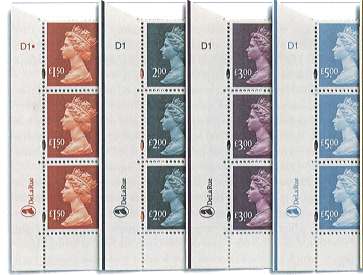 sheet corner of new De La Rue printed high value stamps showing DLR logo and 
cylinder number