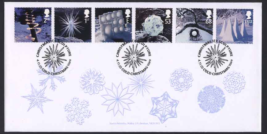 Norvic Philatelics' limited edition first day cover for the Andy Goldsworthy Ice Sculptures stamps, showing a selection of snowflakes with a complete set of stamps.